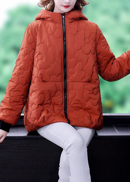  Plus Size Orange Hooded Zippered Fine Cotton Filled Winter Coats - Down Jackets - DYAVOR® 