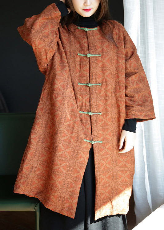  Plus Size Orange Stand Collar Print Button Warm Fleece Linen Parkat Winter - Down Jackets - DYAVOR® 