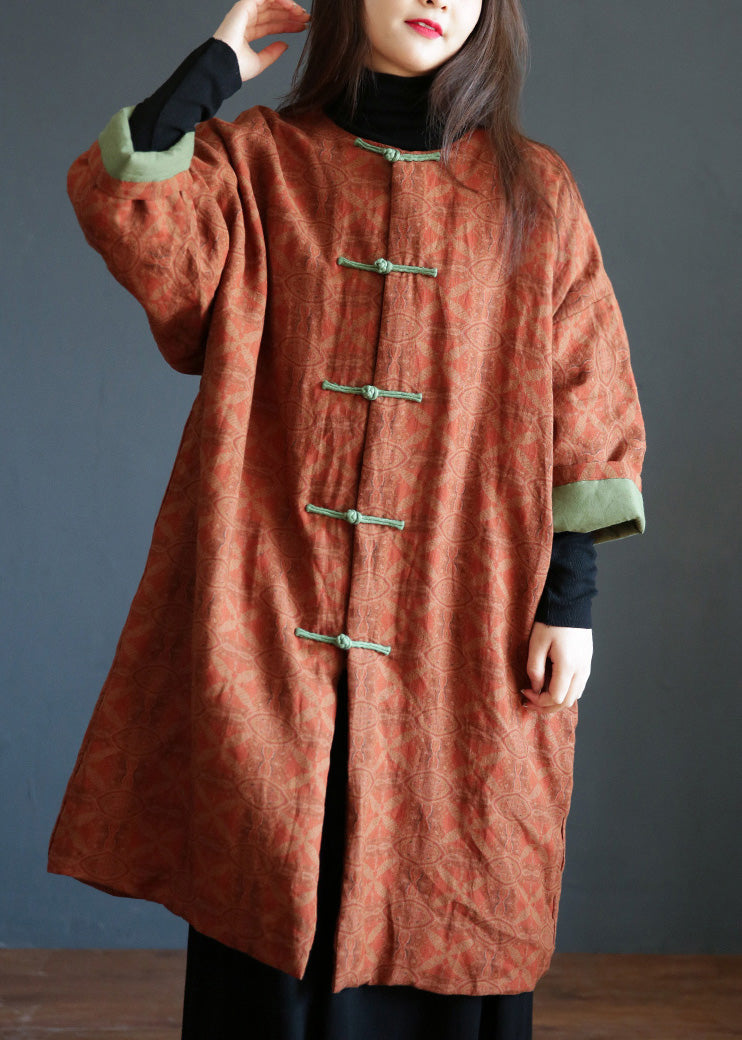  Plus Size Orange Stand Collar Print Button Warm Fleece Linen Parkat Winter - Down Jackets - DYAVOR® 
