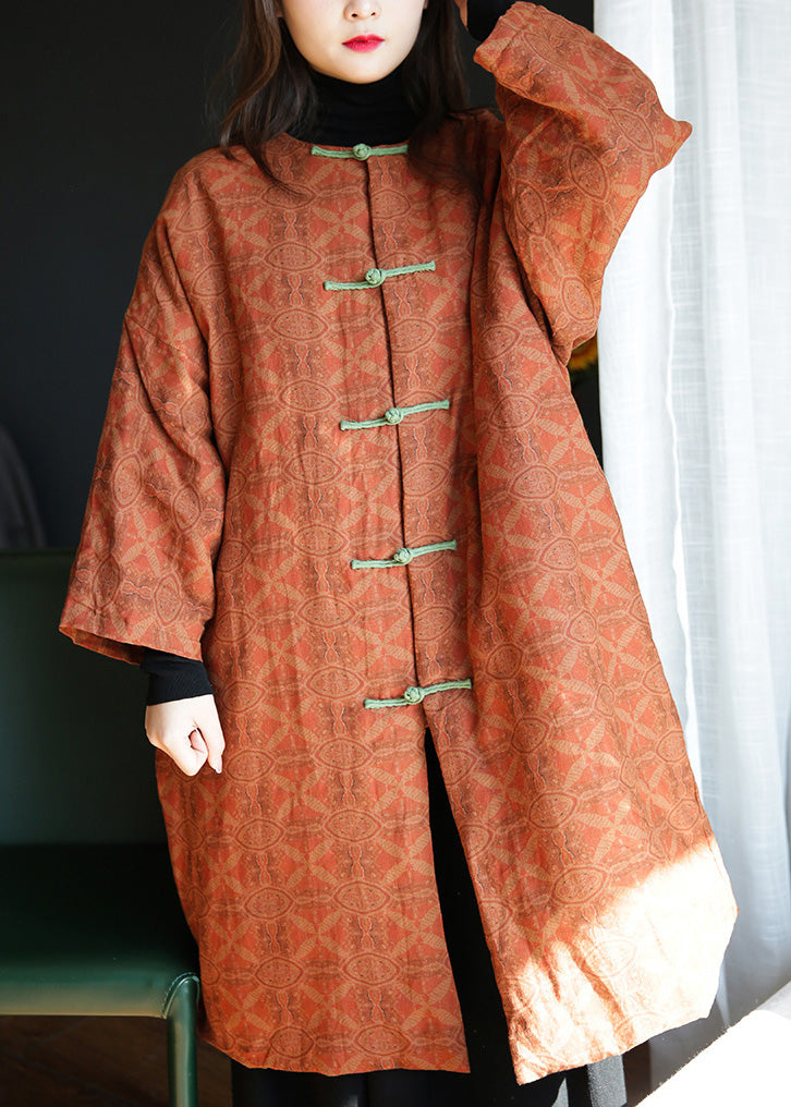  Plus Size Orange Stand Collar Print Button Warm Fleece Linen Parkat Winter - Down Jackets - DYAVOR® 