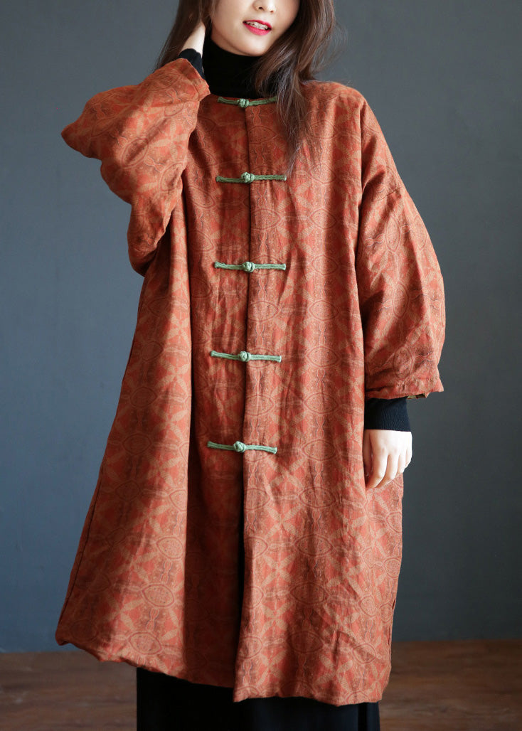  Plus Size Orange Stand Collar Print Button Warm Fleece Linen Parkat Winter - Down Jackets - DYAVOR® 
