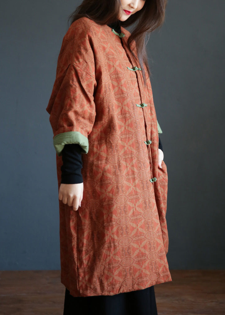  Plus Size Orange Stand Collar Print Button Warm Fleece Linen Parkat Winter - Down Jackets - DYAVOR® 