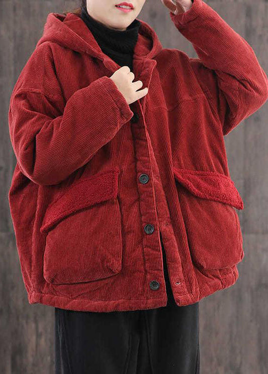 Plus Size Red Hooded Pockets Fine Cotton Filled Corduroy Parka Jacket Winter - Down Jackets - DYAVOR® 