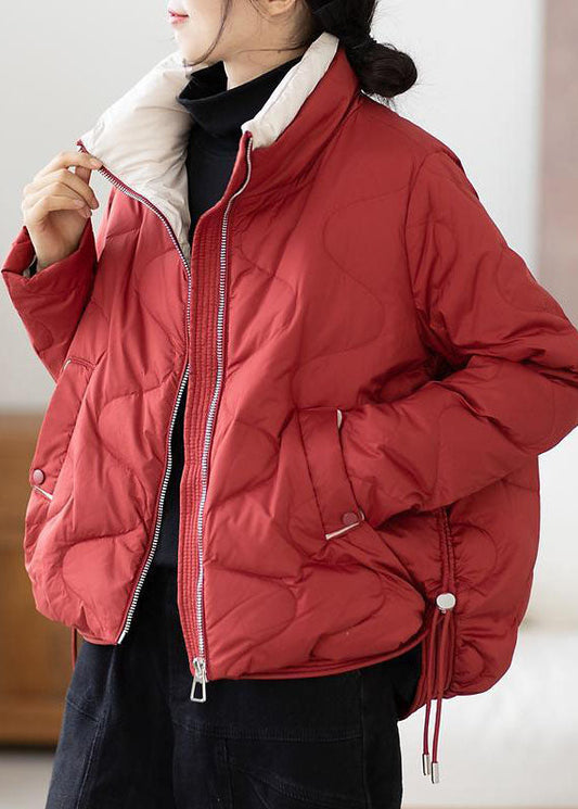  Plus Size Red Stand Collar Zip Up Drawstring Duck Down Down Jacket Winter - Down Jackets - DYAVOR® 