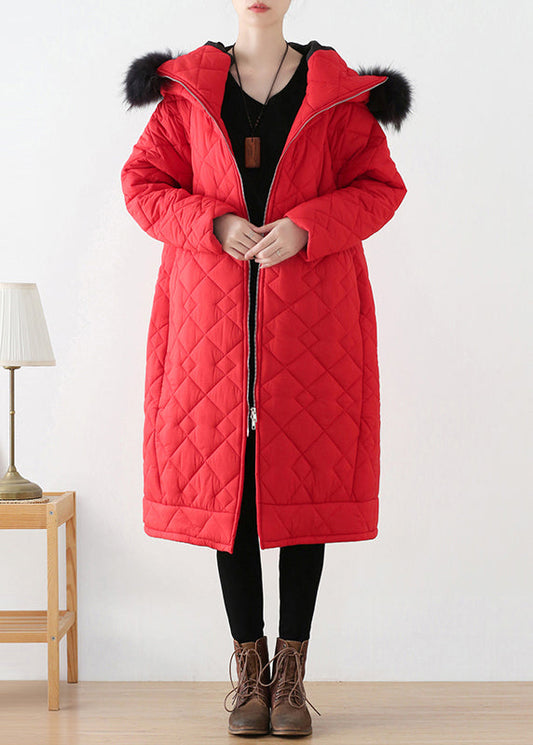  Plus Size Red Zippered Thick Hooded Long Parka Winter - Down Jackets - DYAVOR® 