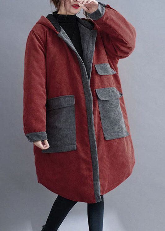  Plus Size Red hooded Button Corduroy Winter Cotton Long Coat sleeve - Down Jackets - DYAVOR® 