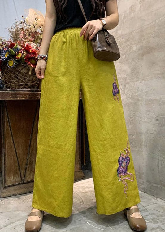  Plus Size Yellow Embroideried Linen Wide Leg Pants Summer - Pants - DYAVOR® 