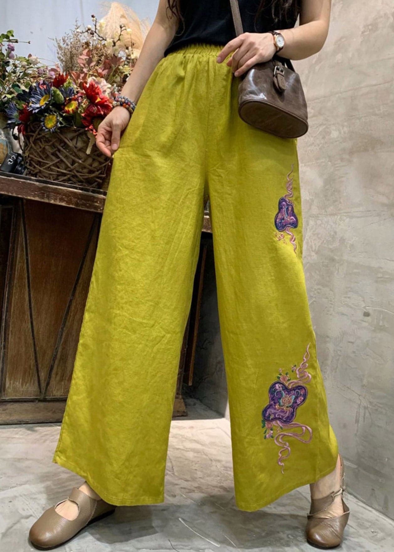  Plus Size Yellow Embroideried Linen Wide Leg Pants Summer - Pants - DYAVOR® 
