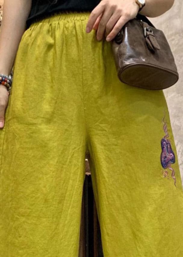 Plus Size Yellow Embroideried Linen Wide Leg Pants Summer - Pants - DYAVOR® 