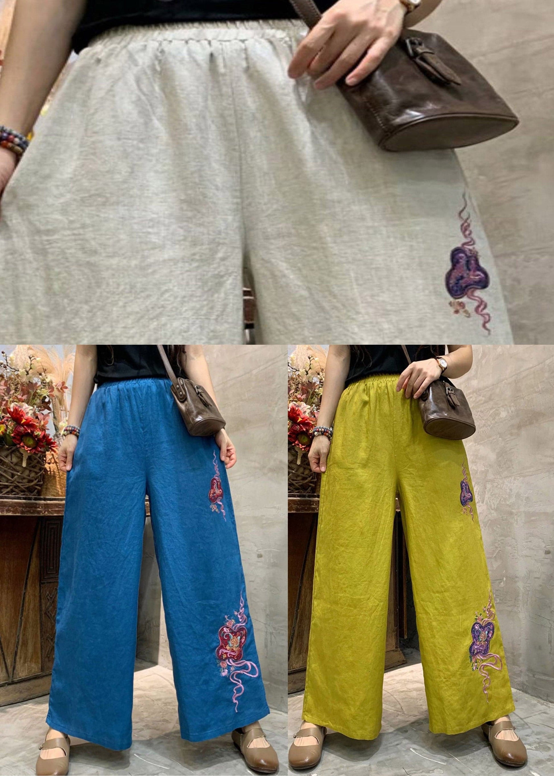  Plus Size Yellow Embroideried Linen Wide Leg Pants Summer - Pants - DYAVOR® 