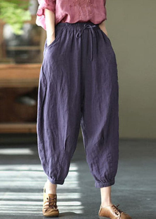  Purple Solid Linen Beam Pants Elastic Waist Wrinkled Summer - Crop Pants - DYAVOR® 