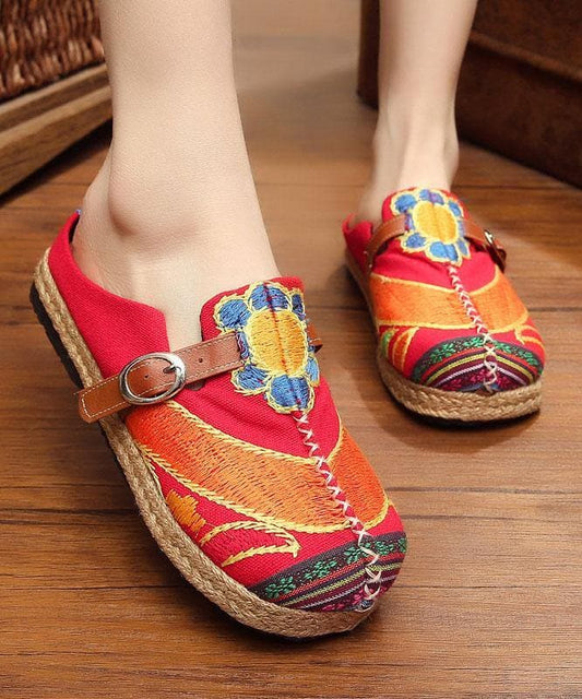  Red Cotton Linen Embroideried Fabric Vintage Buckle Strap Thong Sandals - Slide Sandals - DYAVOR® 