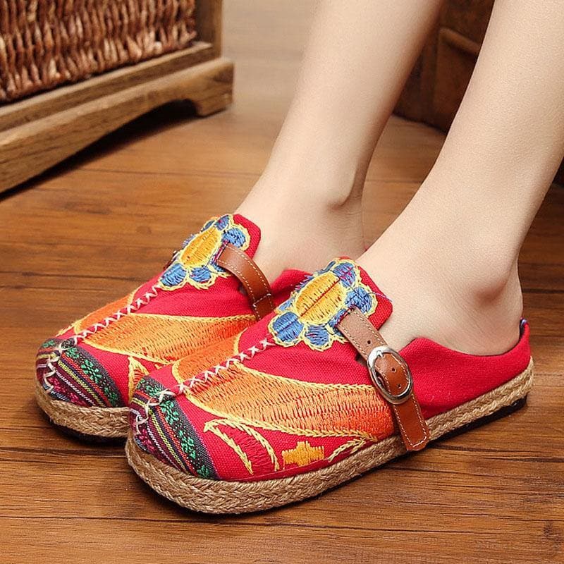  Red Cotton Linen Embroideried Fabric Vintage Buckle Strap Thong Sandals - Slide Sandals - DYAVOR® 