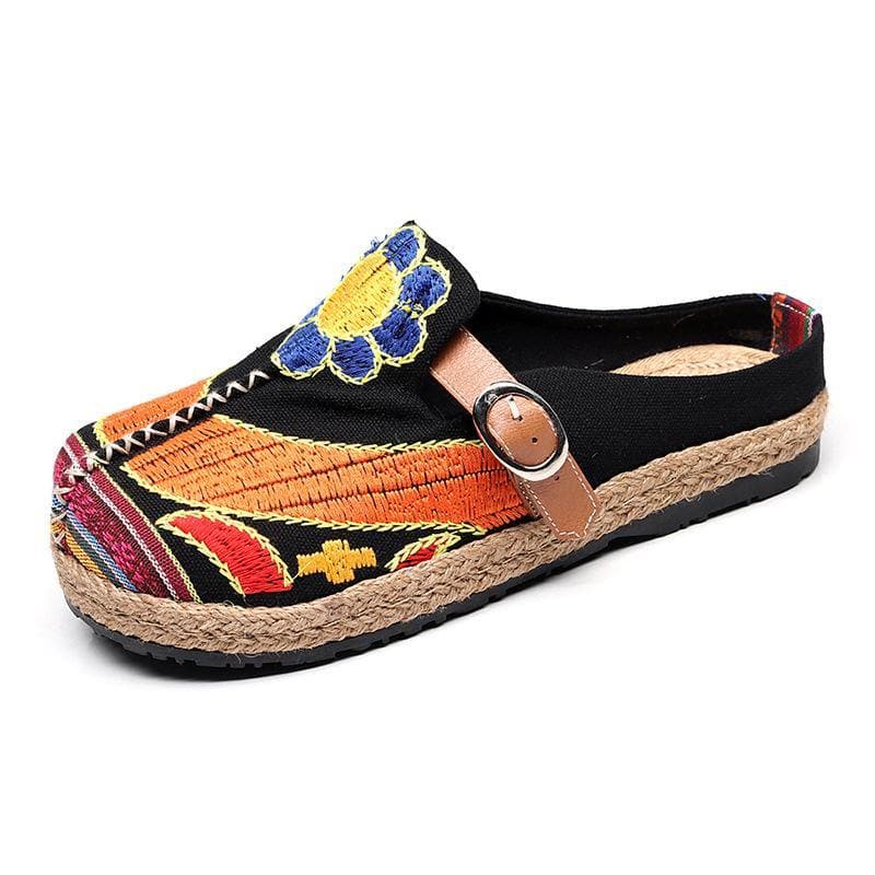 Red Cotton Linen Embroideried Fabric Vintage Buckle Strap Thong Sandals - Slide Sandals - DYAVOR® 