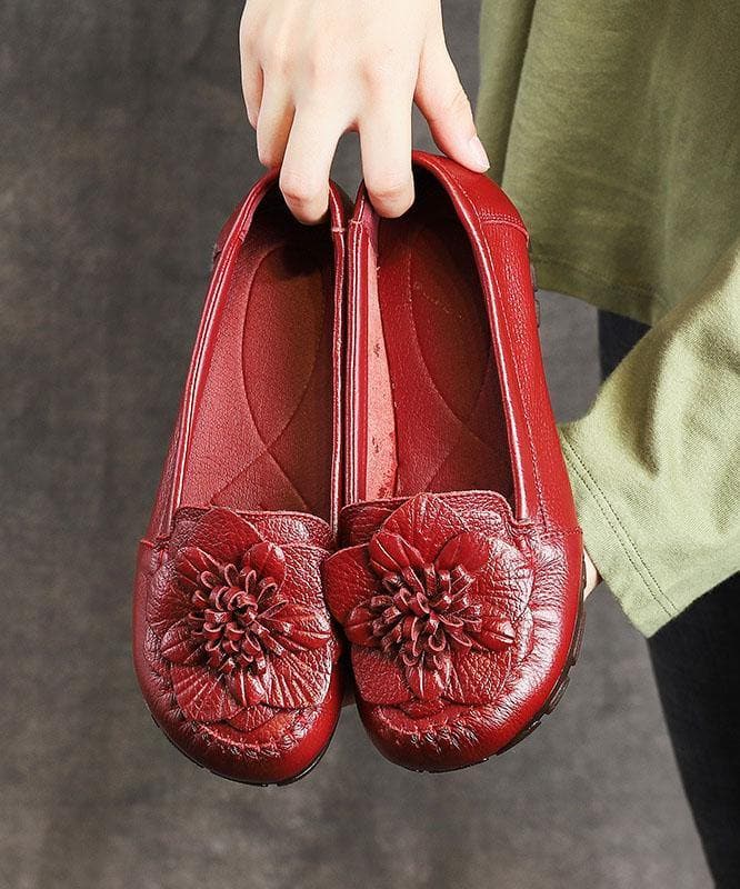 Red Floral Cowhide Leather Flat Shoes For Women  Flat