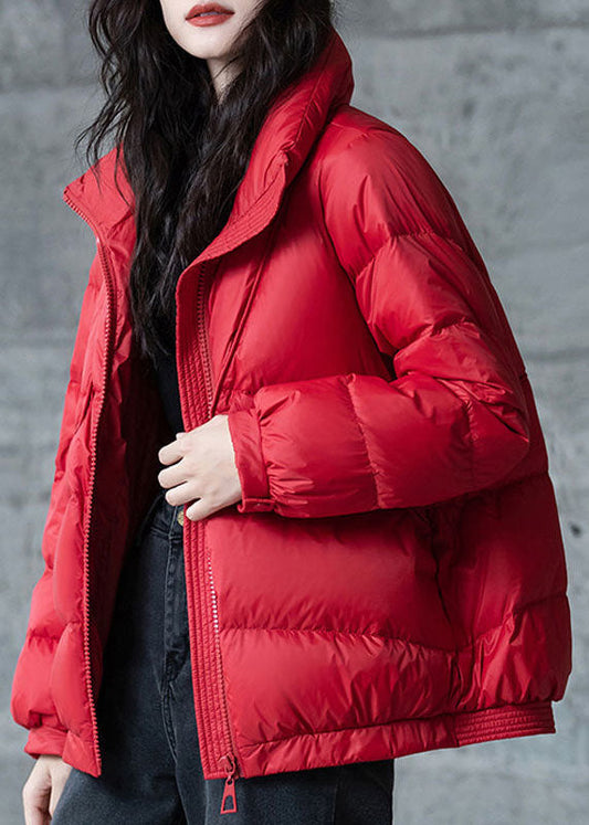  Red Loose Duck Down Puffers Jackets Stand Collar Zip Up Winter - Down Jackets - DYAVOR® 