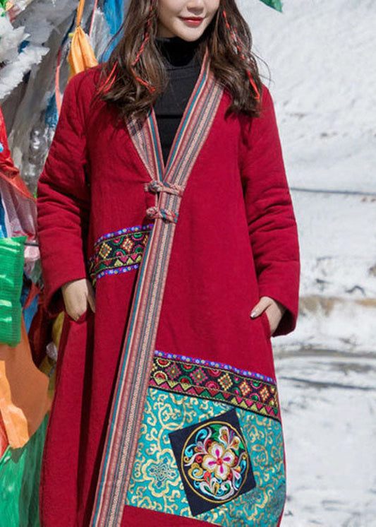  Red Patchwork Applique Fine Cotton Filled Long Coats Embroideried Oriental Button Winter - Down Jackets - DYAVOR® 