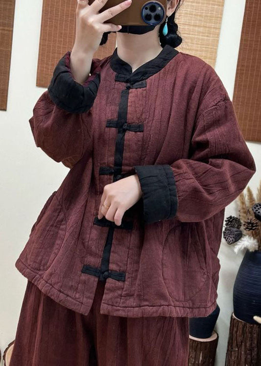  Red Patchwork Fine Cotton Filled Linen Coats Oriental Button Winter - Down Jackets - DYAVOR® 