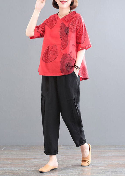  Red Patchwork Pockets Top And Crop Pants Two Piece Set Summer - Two Pieces Set - DYAVOR® 