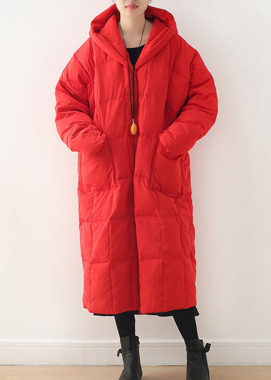 Red Zippered Pockets Hooded Down Coat Long Sleeve