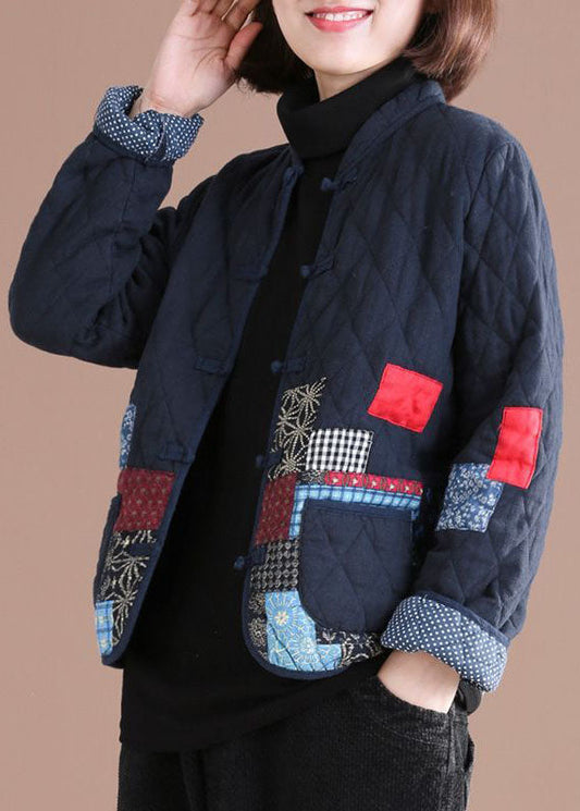  Retro Blue Oriental Patchwork Applique Fine Cotton Filled Jackets Winter - Down Jackets - DYAVOR® 