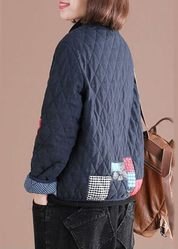  Retro Blue Oriental Patchwork Applique Fine Cotton Filled Jackets Winter - Down Jackets - DYAVOR® 