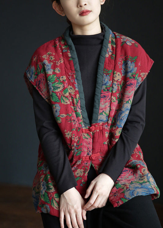  Retro Red V Neck Print Button Warm Fleece Waistcoat Winter - Down Jackets - DYAVOR® 