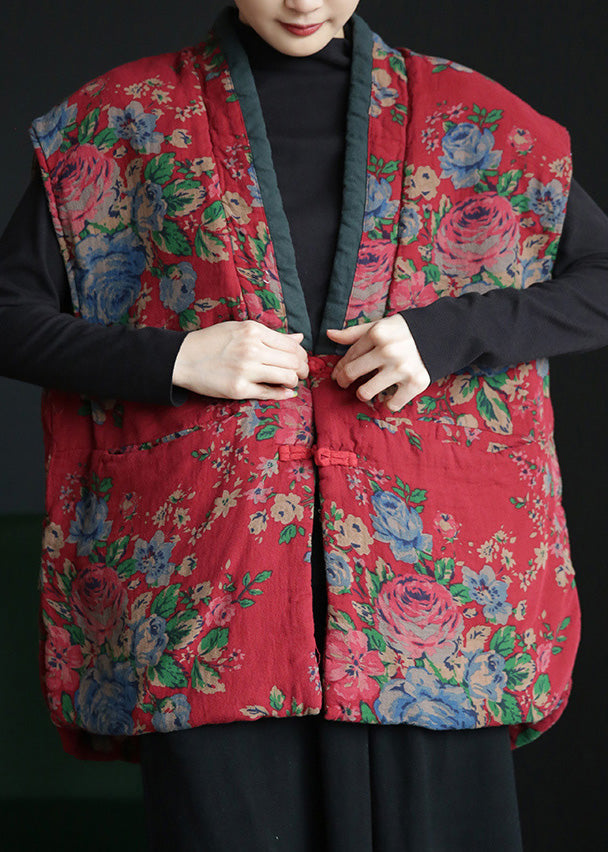  Retro Red V Neck Print Button Warm Fleece Waistcoat Winter - Down Jackets - DYAVOR® 