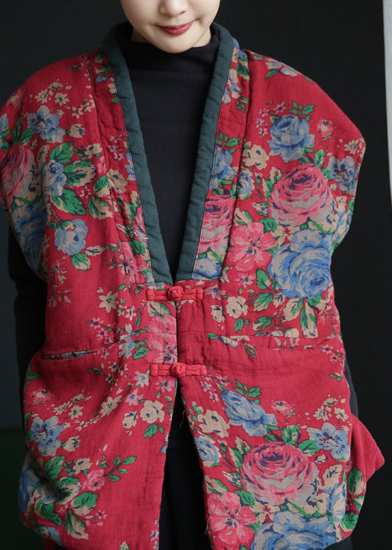  Retro Red V Neck Print Button Warm Fleece Waistcoat Winter - Down Jackets - DYAVOR® 
