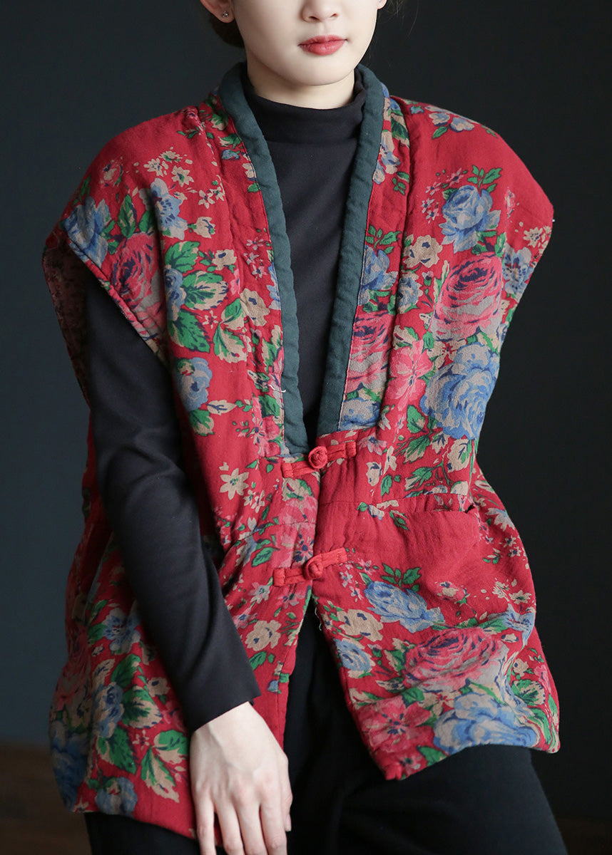  Retro Red V Neck Print Button Warm Fleece Waistcoat Winter - Down Jackets - DYAVOR® 