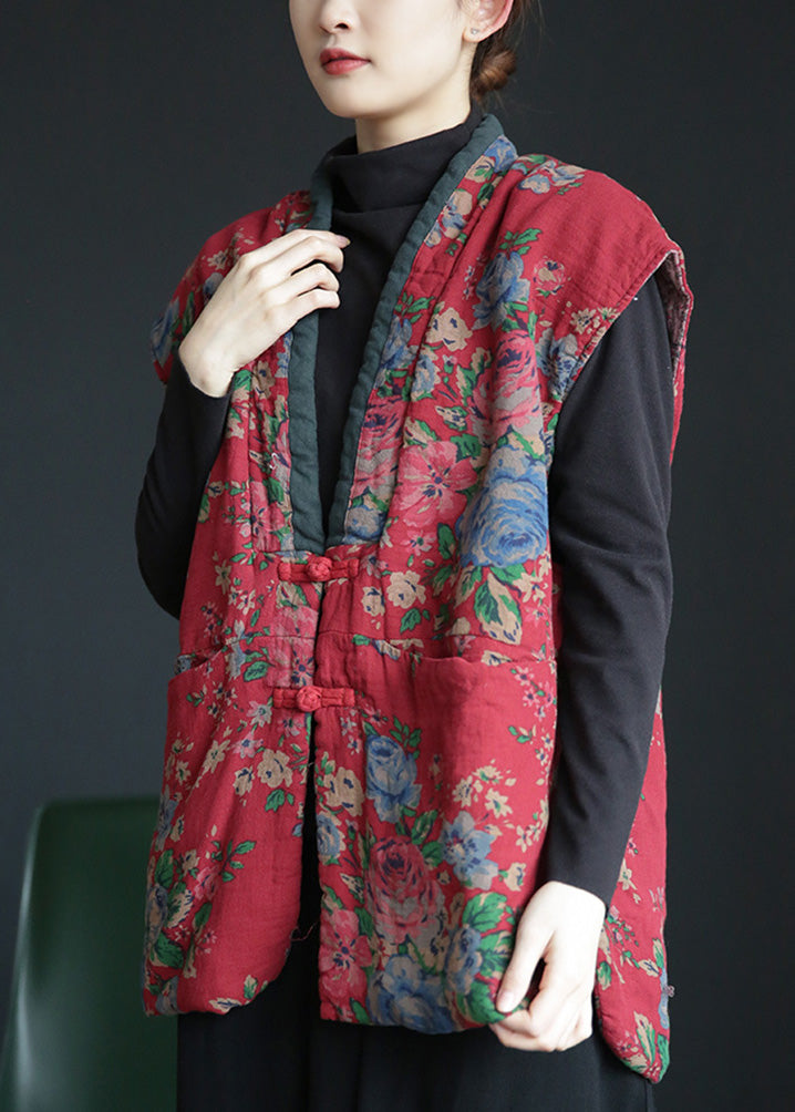  Retro Red V Neck Print Button Warm Fleece Waistcoat Winter - Down Jackets - DYAVOR® 