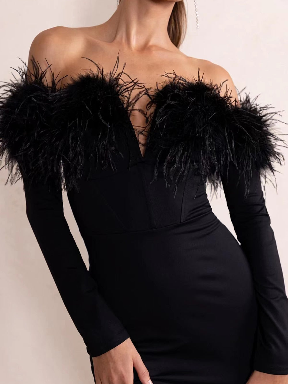 Off Shoulder Feather Mini Dress