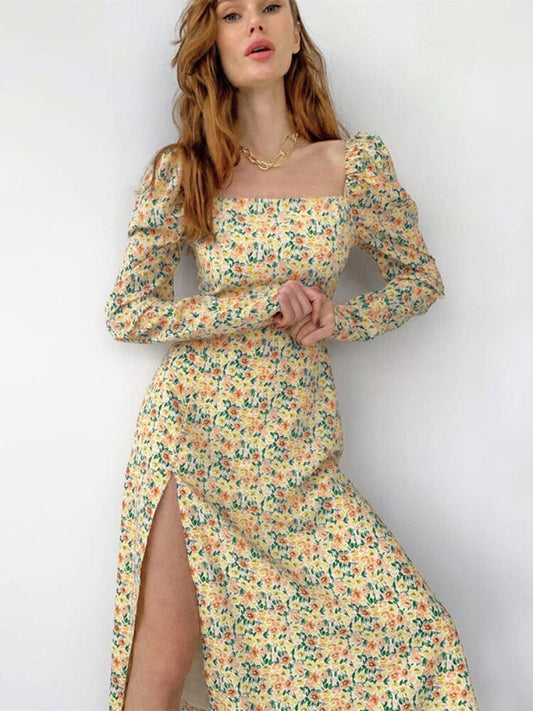  Clothes for Women Spring Summer 2023 New Long Sleeve Slit Sexy Dress Women Square Collar Floral Dresses Formal Occasion Dresses -  - DYAVOR® 