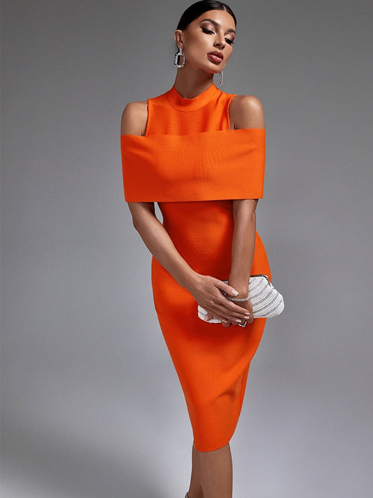 Off Shoulder Midi Orange Dress