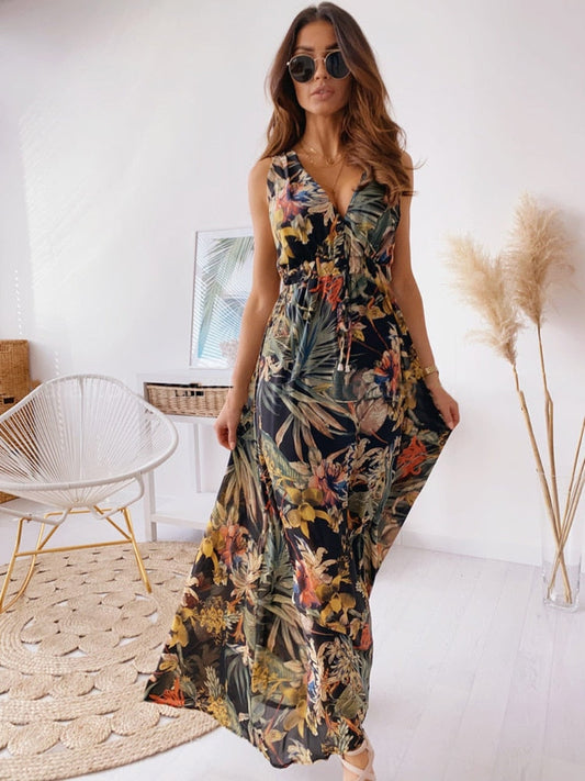  Dresses Summer New Fashion Temperament Long Skirt Beach Style Backless V-neck Printed Bandage Waist Closed Casual Women's Dress -  - DYAVOR® 