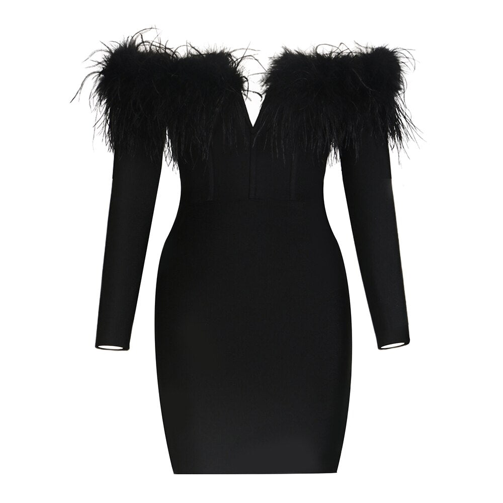 Off Shoulder Feather Mini Dress