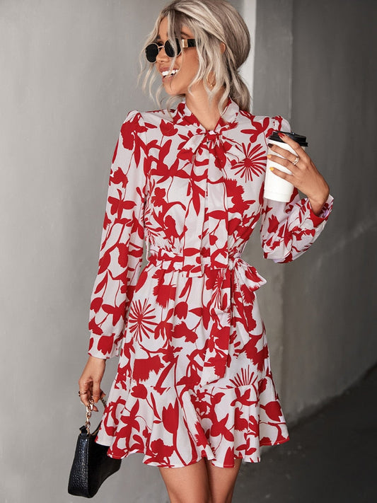  Fall Outfits Women Spring New Long-sleeved Crewneck Dress Lace-up Waist Short Skirt Temperament Commuter Women's Wear Dresses -  - DYAVOR® 