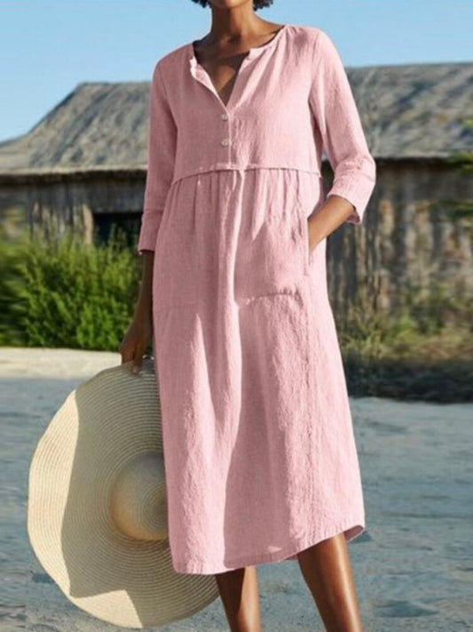  Dresses for Women 2023 Summer New Round Neck Button Solid Color Dress Oversize Loose Fit Long Dress Fashion Casual Streetwear -  - DYAVOR® 