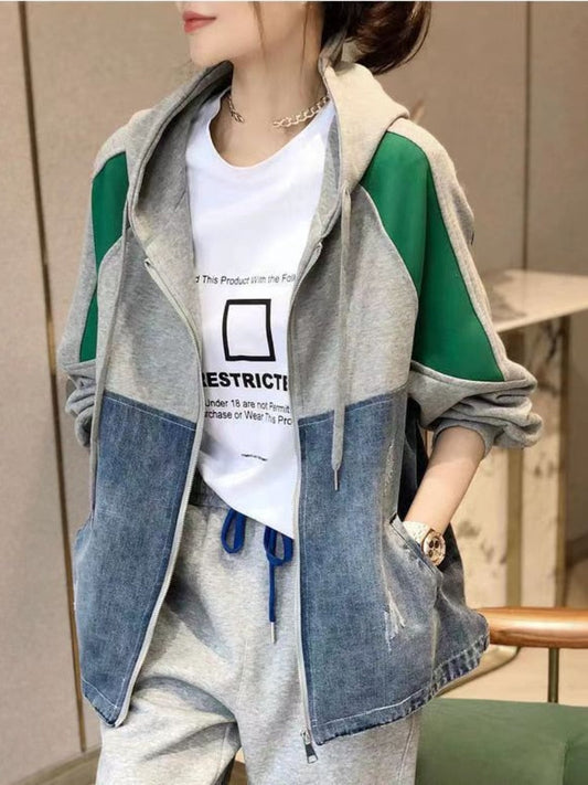 Women's Coat 2023 Spring Autumn New Korean Fashion Color Block Denim Jacket Women Casual Loose Fitting Hooded Top Streetwear