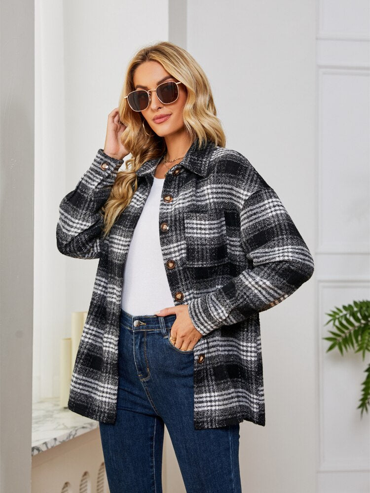  Women Clothing Spring Autumn New Woolen Plaid Jacket Casual Loose Shirt Winter Clothes Women Jacket Streetwear Coat Trench Tops -  - DYAVOR® 