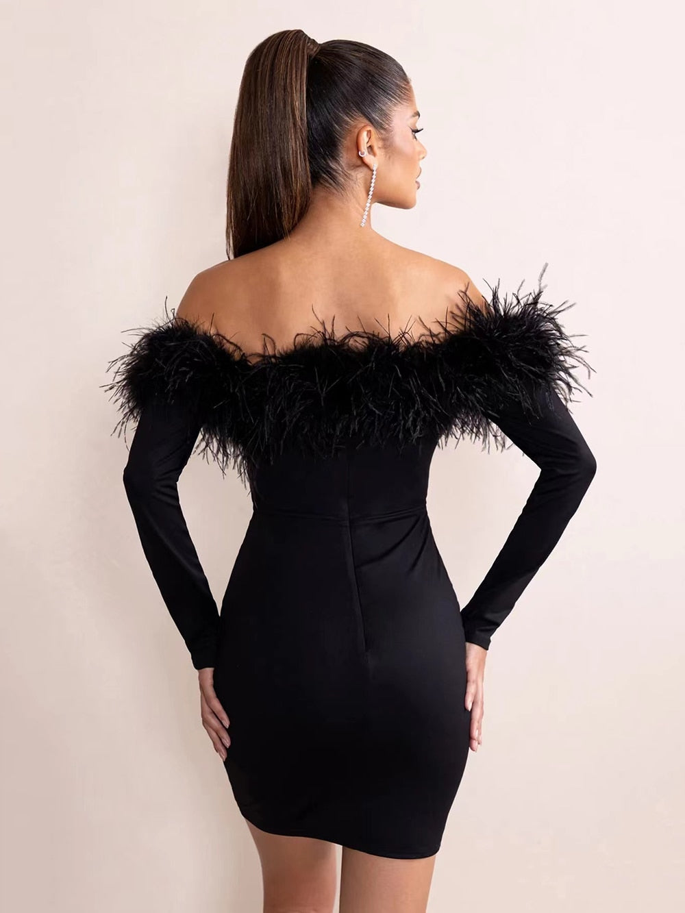 Off Shoulder Feather Mini Dress