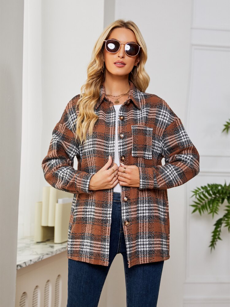  Women Clothing Spring Autumn New Woolen Plaid Jacket Casual Loose Shirt Winter Clothes Women Jacket Streetwear Coat Trench Tops -  - DYAVOR® 
