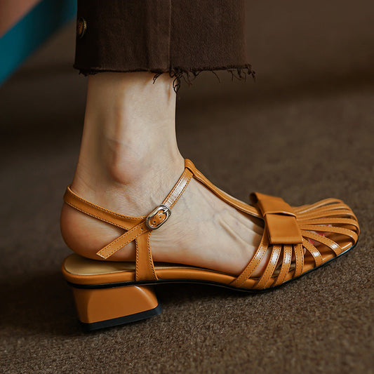  Shallow Rome Thick Med Heels Shoes Buckle Strap Genuine Leather Sandals -  - DYAVOR® 