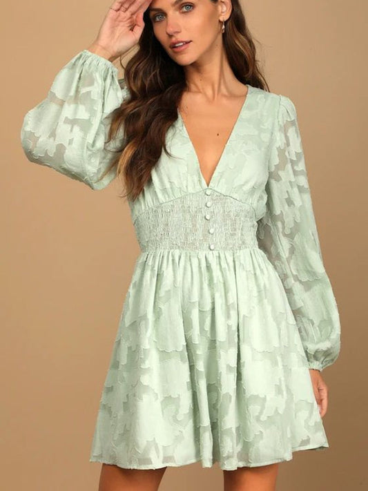  Elegant Party Dresses for Women New Long Sleeved V-neck Chiffon White Dress Fashion Hollow Out Jacquard A-line Short Skirt -  - DYAVOR® 