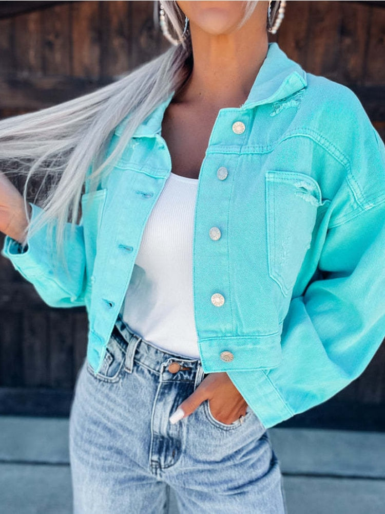 Women's Jackets New Fashion Distressed Tassel Denim Jacket Long Sleeved Lapel Coat Casual Streetwear Autumn Women Clothing Tops