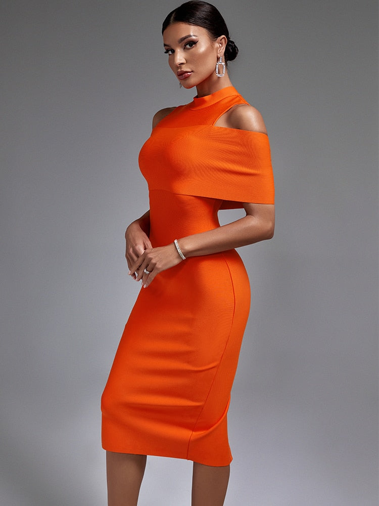 Off Shoulder Midi Orange Dress