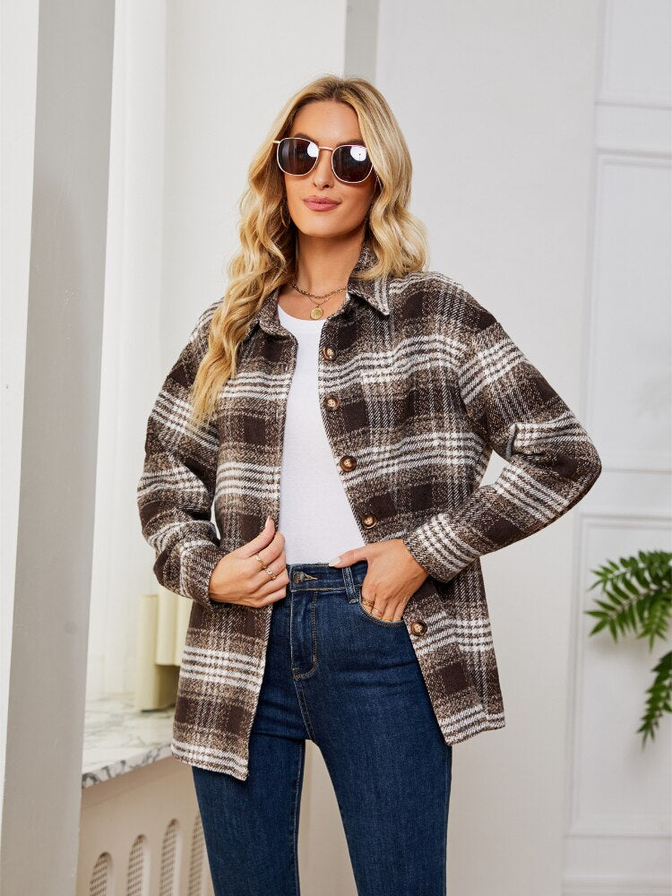  Women Clothing Spring Autumn New Woolen Plaid Jacket Casual Loose Shirt Winter Clothes Women Jacket Streetwear Coat Trench Tops -  - DYAVOR® 