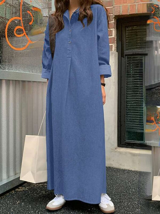  Dresses for Women 2023 Solid Color Lapel Long Sleeved Denim Dress Elegant Fashionable Oversize Loose Long Dresses Woman Clothing -  - DYAVOR® 