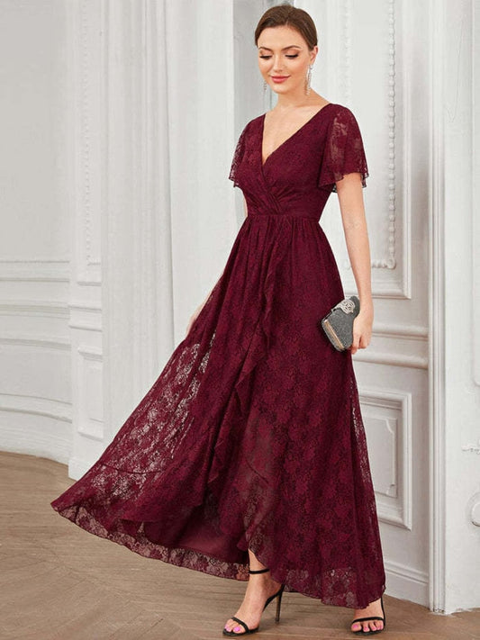  Elegant Party Dresses for Women 2023 New Lace Short Sleeve V-neck Evening Dress Irregular Wavy Dress Oversized Female Clothing -  - DYAVOR® 