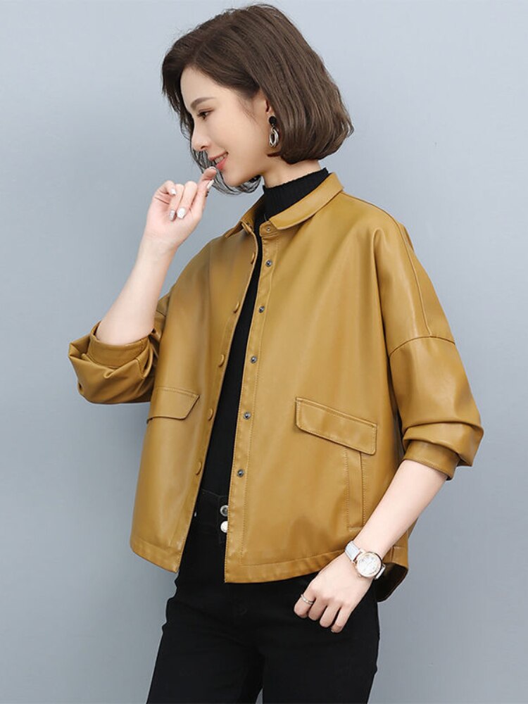 Jackets for Women Spring 2023 New Korean Fashion Cropped Leather Jacket Tops Lapel Long Sleeve Coats Streetwear Woman Clothes